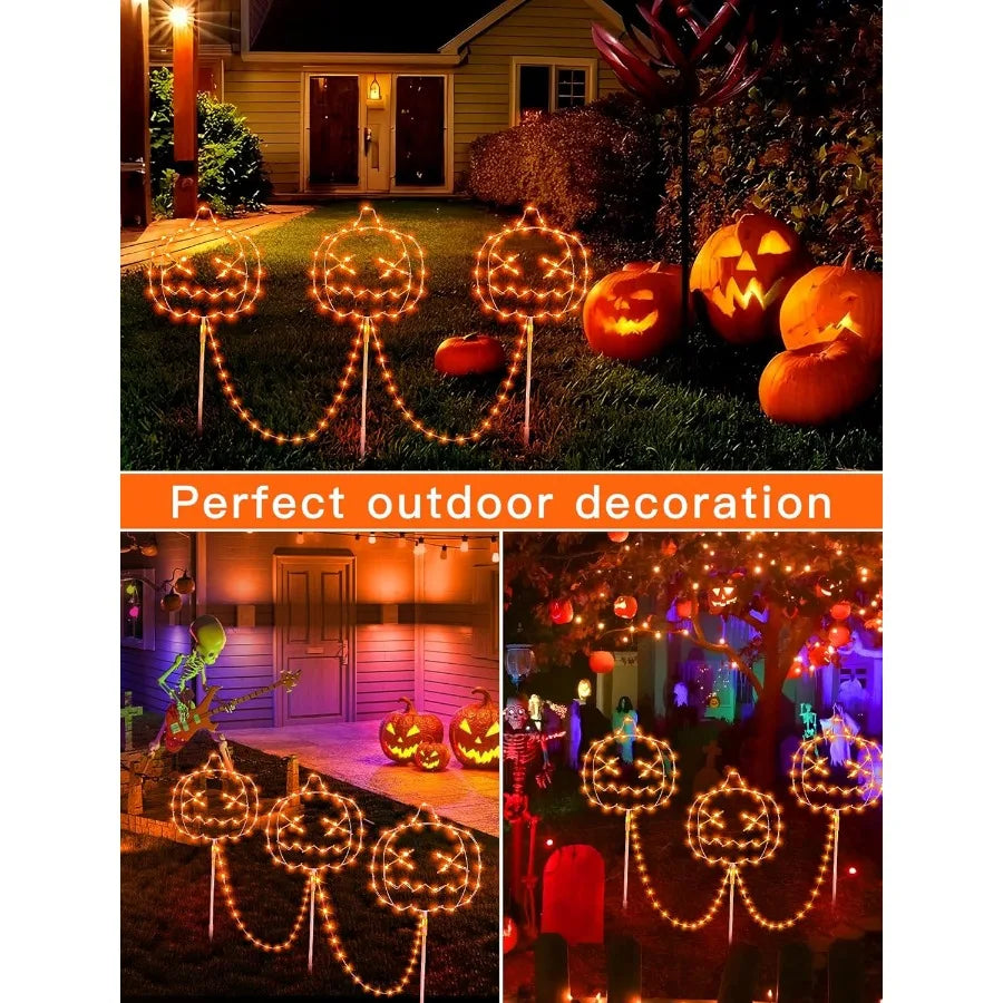 Halloween Garden Lights for Outside 3 Pack Orange Halloween Light Plug in Timer 8 Modes Pumpkin Lights with Stake Outdoor Water