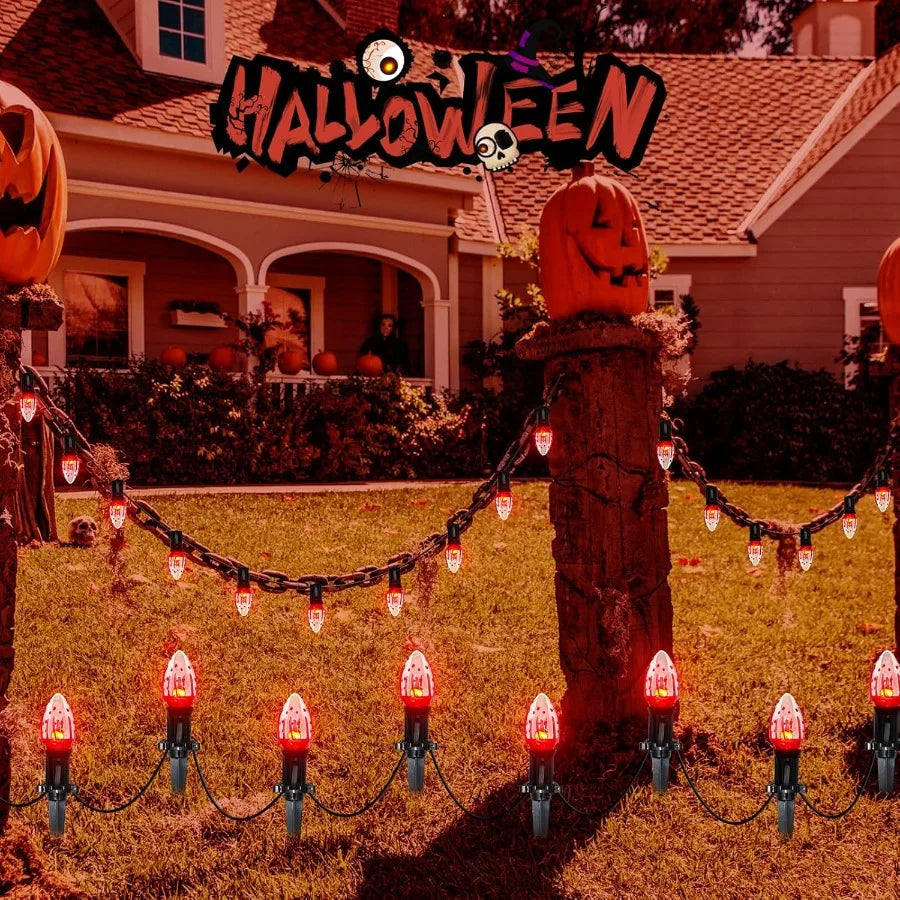 38Ft Halloween Pathway Lights C9 Flickering Flame String Lights with Stakes Waterproof Patio String Lights with 25 Flicker Ligh