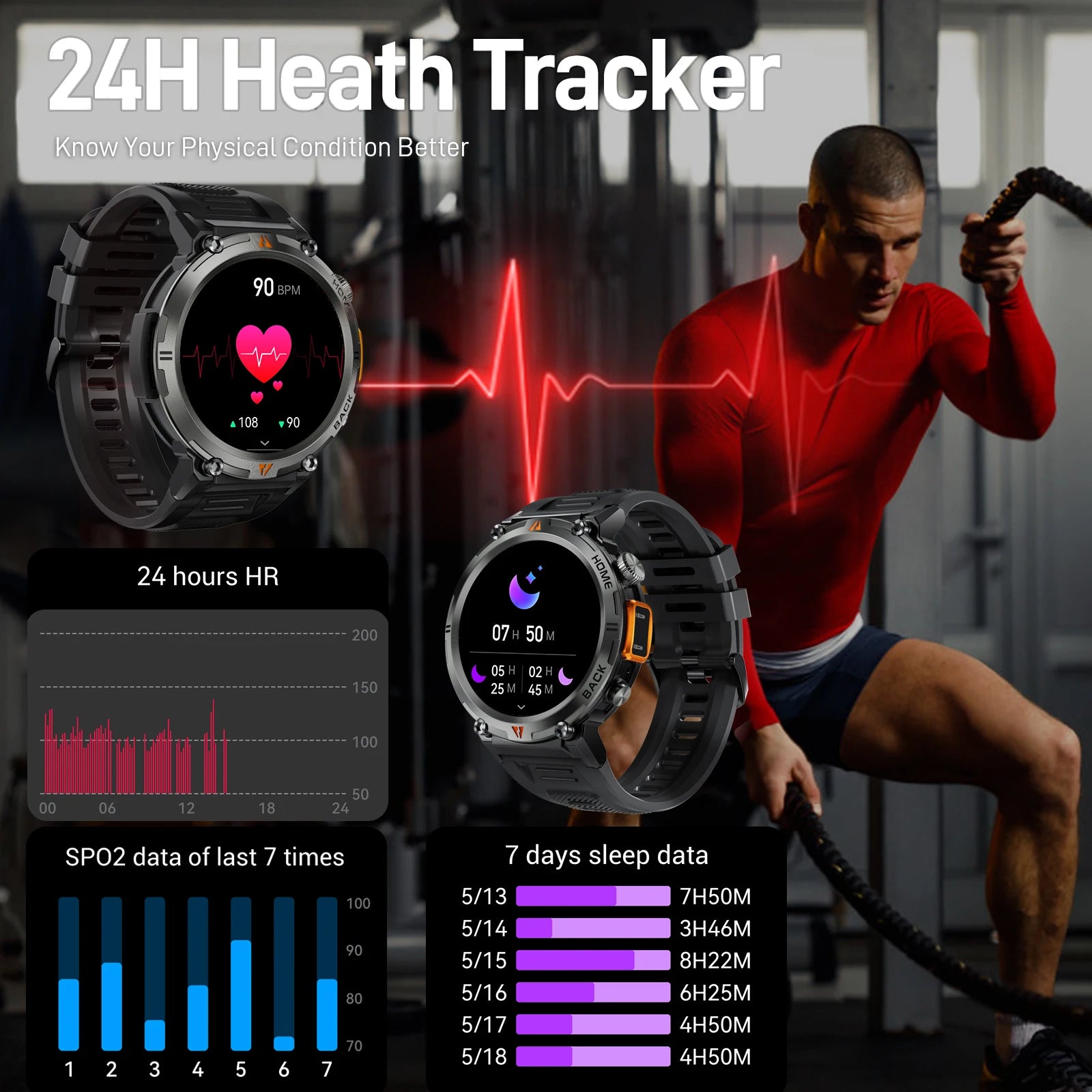 EIGIIS KE3 Smart Watch 3ATM Waterproof Original Design For Men Bluetooth Call Health Monitor With Flashlight 100+ Sports Modes