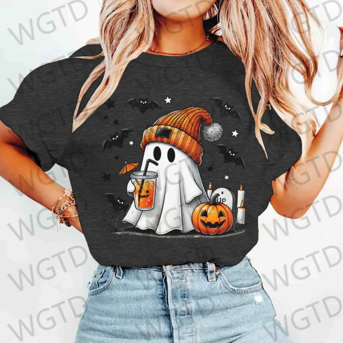 Halloween Ghost Pumpkin Bat Print T-shirts Summer Casual T Shirt For Women Creative Short Sleeve Tees Happy Halloween T-shirt