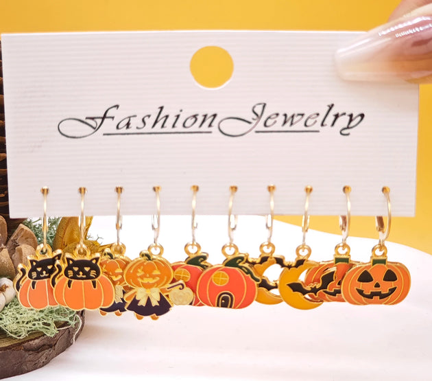10pcs Halloween series earrings with horror alloy oil drop pumpkin bat spider web ghost earrings set for women