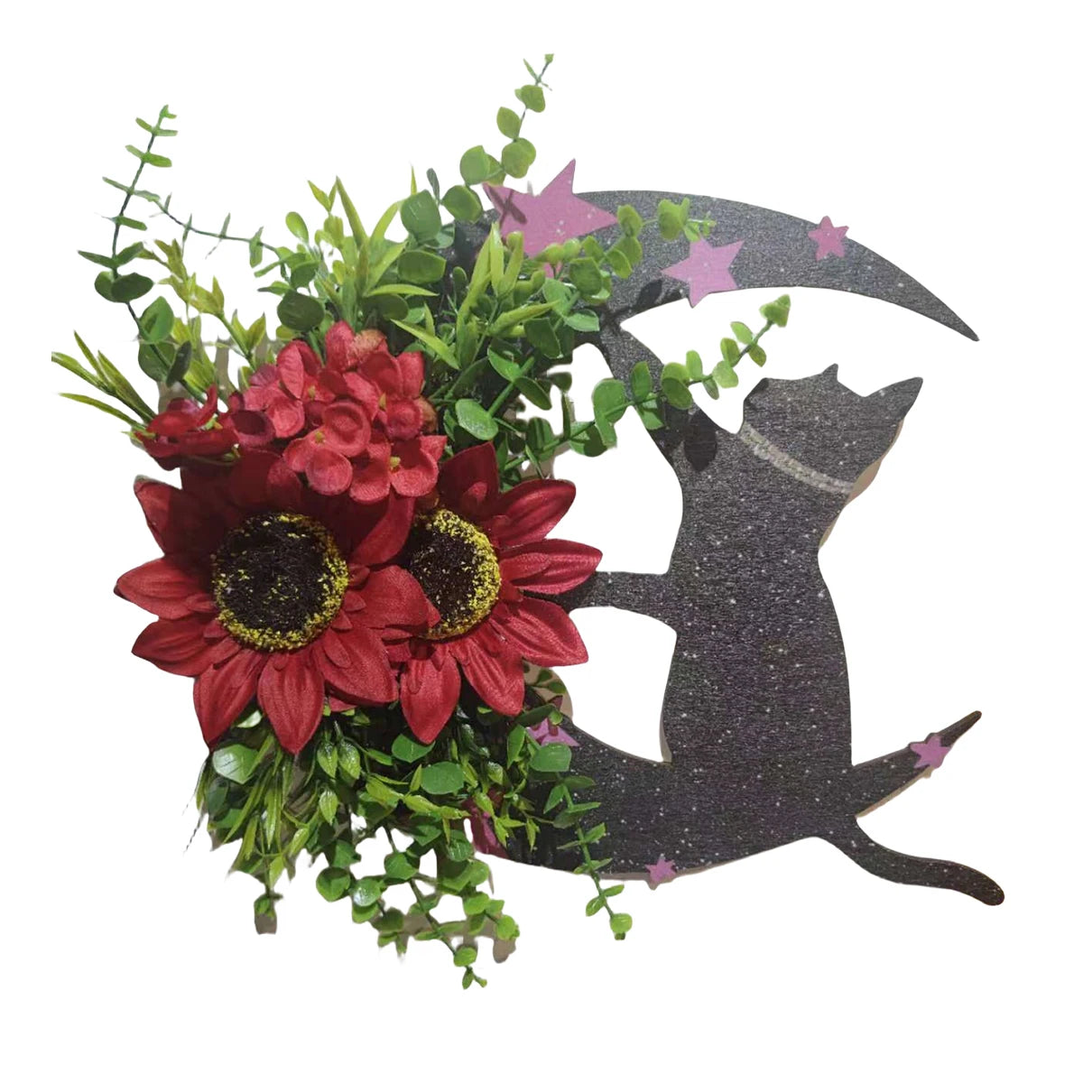 Halloween Moon Cat Wreath, 11.81 Inch Moon Shape Artificial Flower Wreath with Cat, Halloween Wreath for Front Door Wall