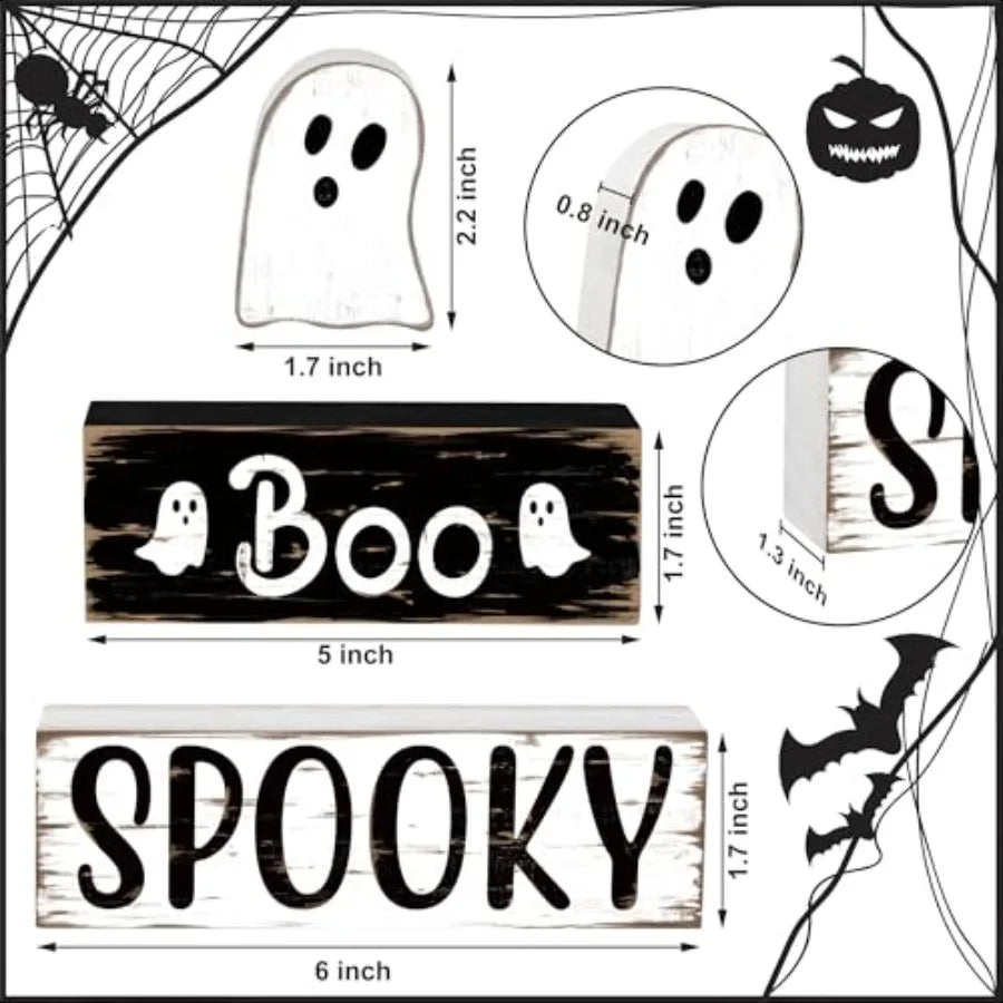 3 PCS Halloween Cute Ghost Wooden Block Sign Halloween Boo Spooky Tiered Tray Decor Wooden Ghost Theme Table Centerpieces for H