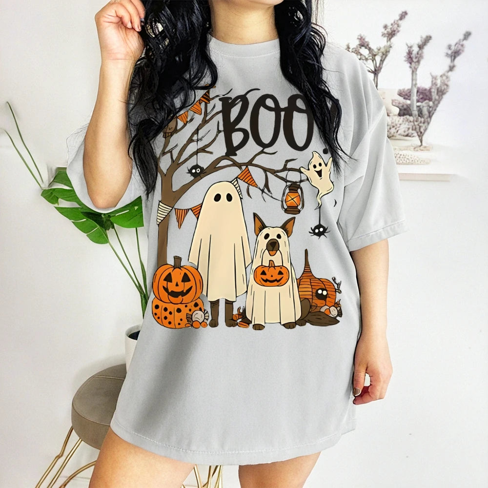 Halloween Cute Ghost Pumpkin T-shirt Funny Dog Graphic Tees Summer Breathable Women’s Cotton Fashion O-Neck Short Sleeve Tops