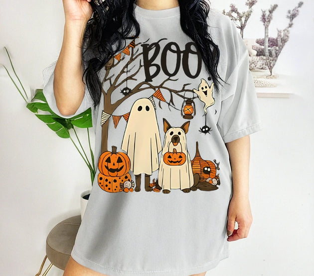 Halloween Cute Ghost Pumpkin T-shirt Funny Dog Graphic Tees Summer Breathable Women’s Cotton Fashion O-Neck Short Sleeve Tops