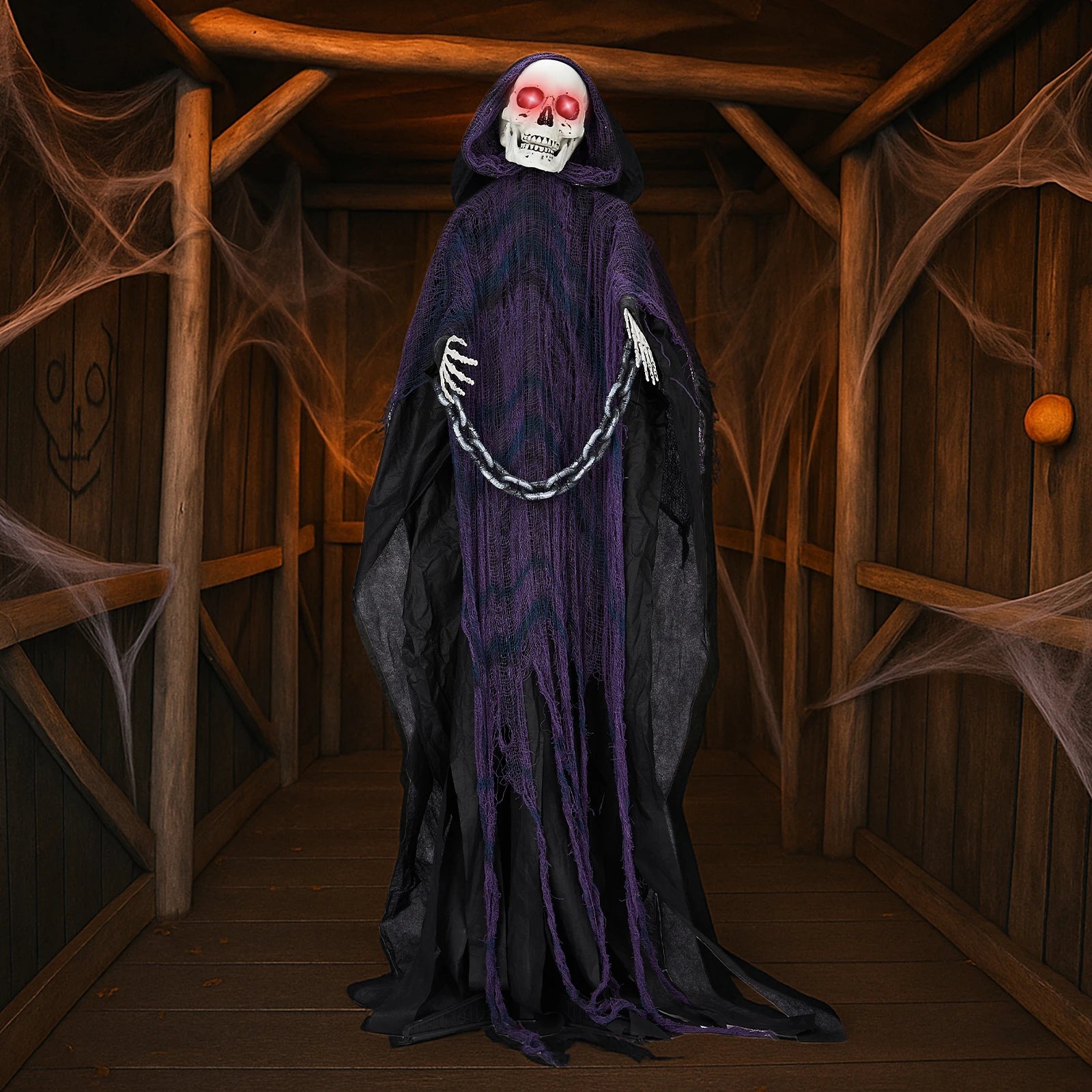 6ft Halloween Decorations Outdoor Life Size Animatronics Grim Reaper with Chain, Sound-Actived Party Decor with Creepy Sound