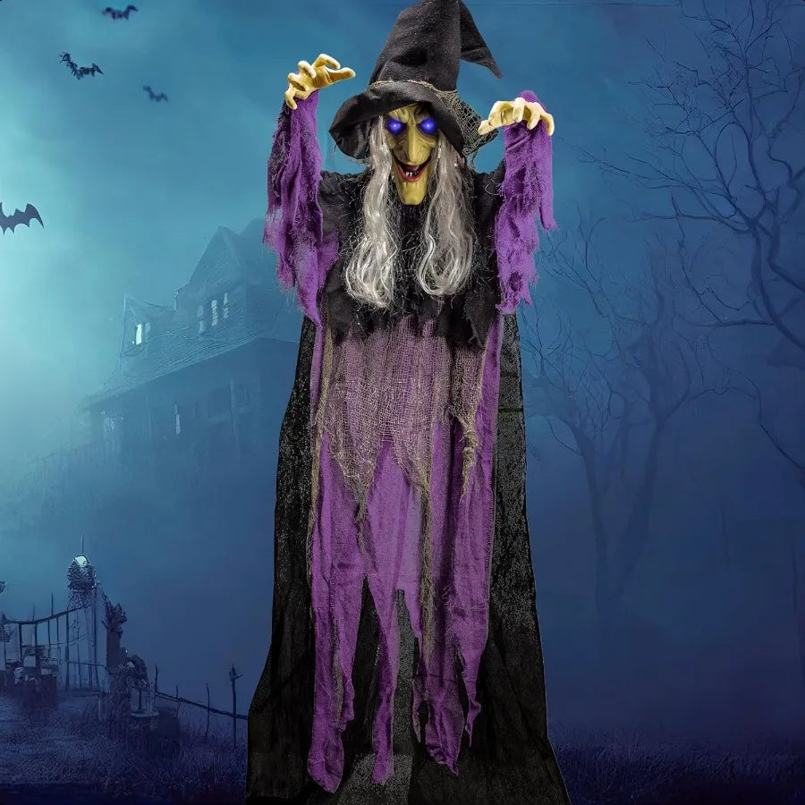 JOYIN 72 Halloween Hanging Witch Decorations Outdoor Flying Talking Ghost Decor Light Up Eyes Sound Activated Outside Indoor Ha