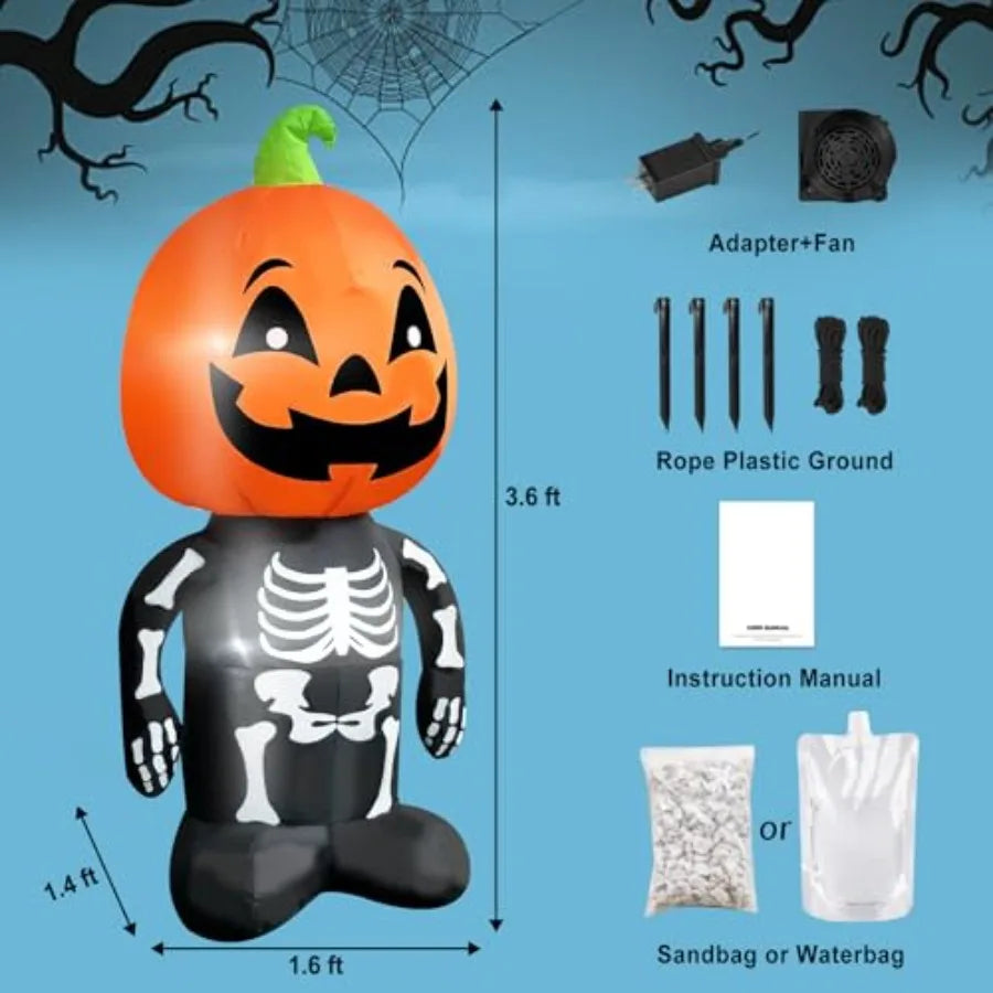 Halloween Inflatable 4FT Tall Skeleton with Pumpkin Head Lighted Blow Up Decoration Featuring a Smiling Face for Outdoor Lawn P