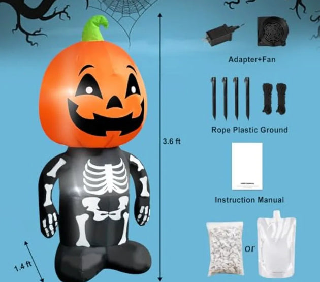 Halloween Inflatable 4FT Tall Skeleton with Pumpkin Head Lighted Blow Up Decoration Featuring a Smiling Face for Outdoor Lawn P