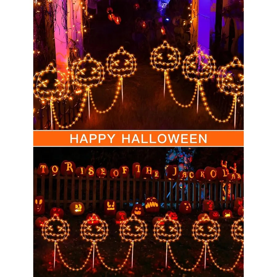 Halloween Garden Lights for Outside 3 Pack Orange Halloween Light Plug in Timer 8 Modes Pumpkin Lights with Stake Outdoor Water