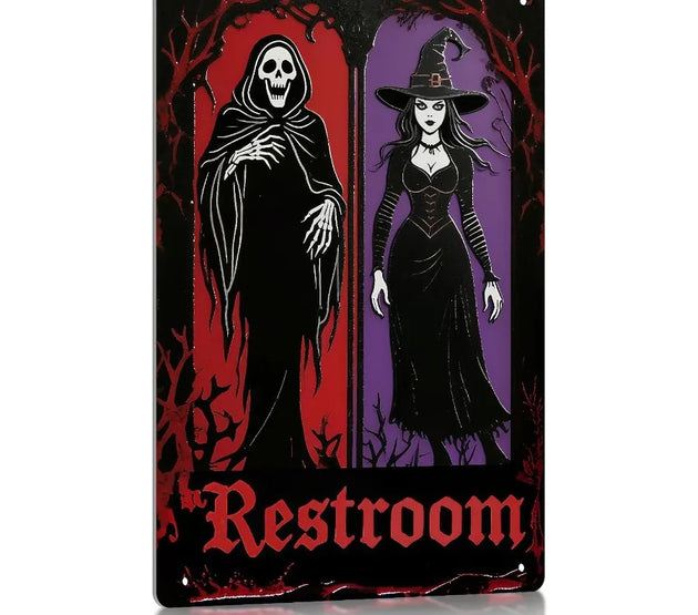 Halloween Bathroom Decor Sign Grim Reaper and Witch Metal Tin Sign Gothic Bathroom Decor Wall Art Halloween Decor Indoor for Pu
