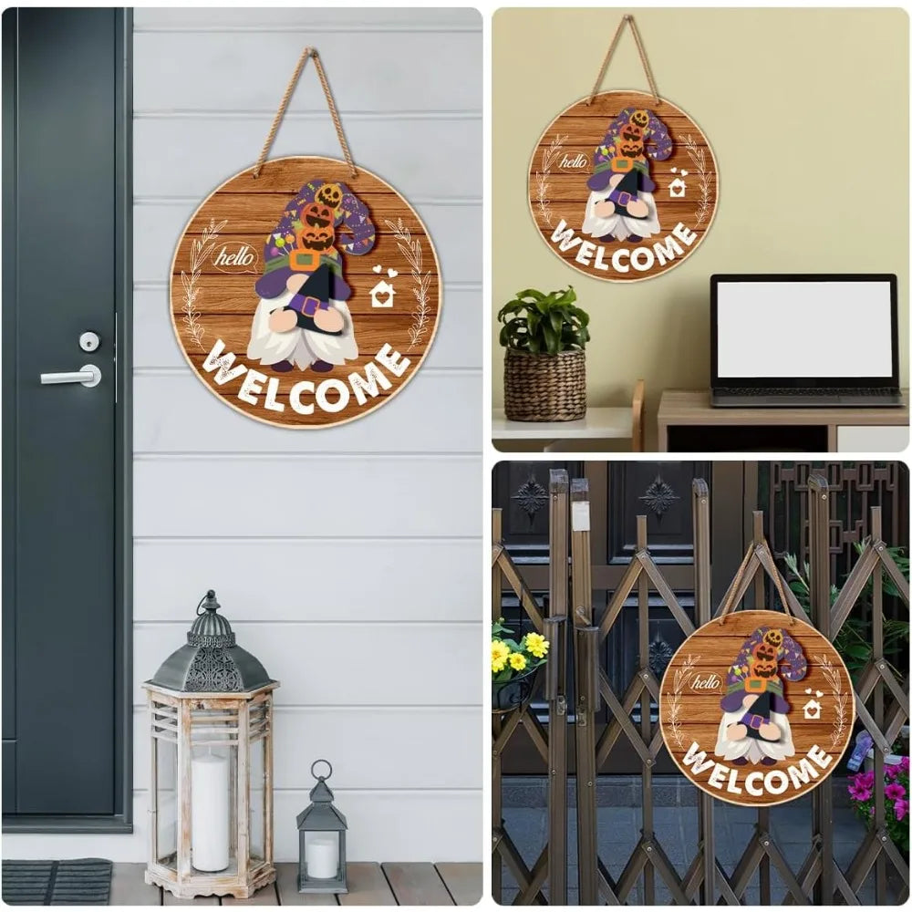 Interchangeable Gnome Welcome Sign Halloween Door Decorations Summer Fall Changeable Wooden Gnomes Front Porch Decor Wall Hangin