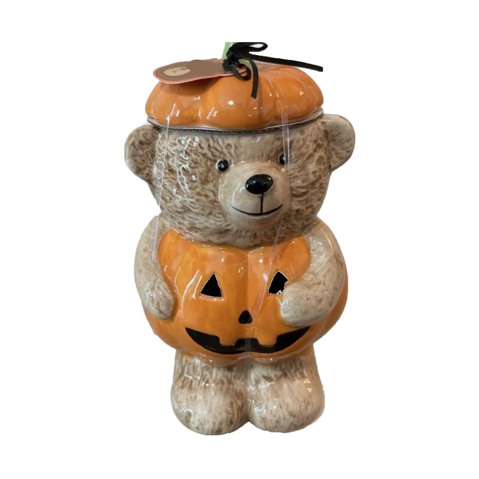 Bear-Shaped Halloween Cookie Jar with Lid - Multi-Purpose Decorative Storage for Candy, Kitchen Supplies, or Farmhouse Style