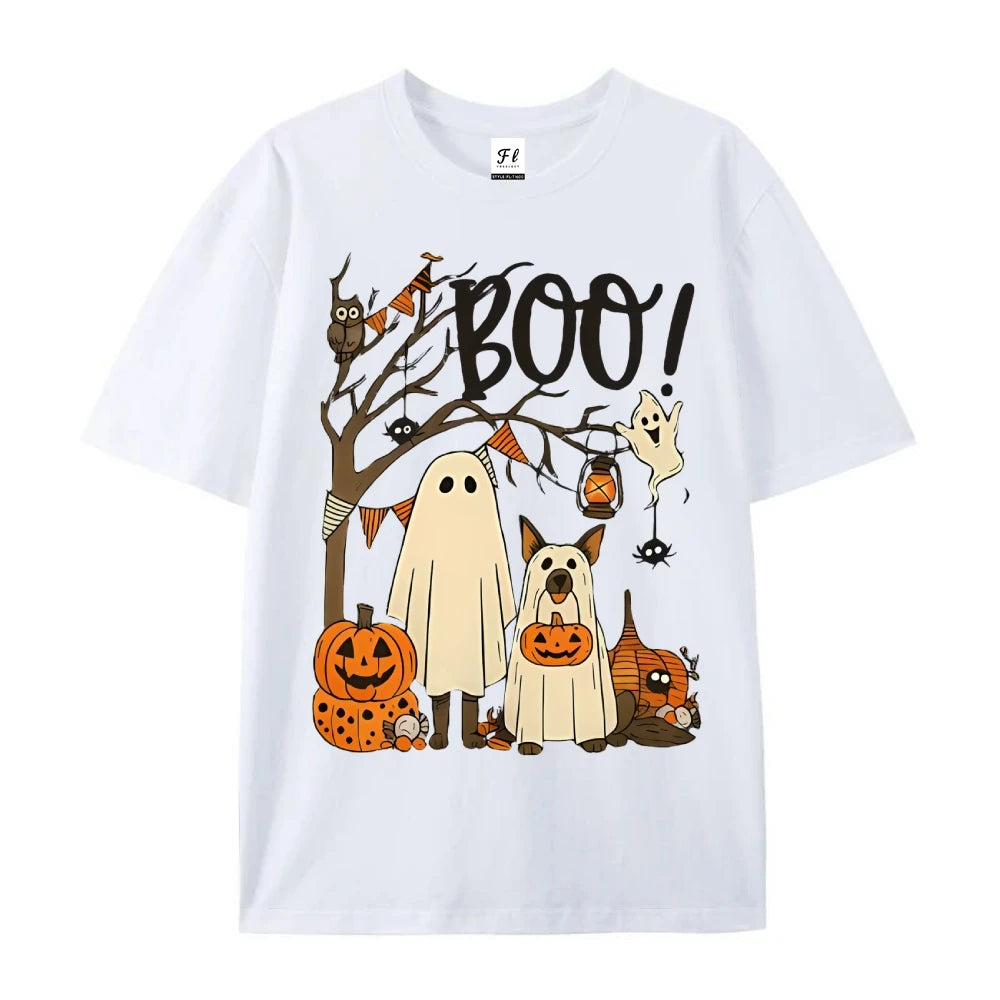 Halloween Cute Ghost Pumpkin T-shirt Funny Dog Graphic Tees Summer Breathable Women’s Cotton Fashion O-Neck Short Sleeve Tops