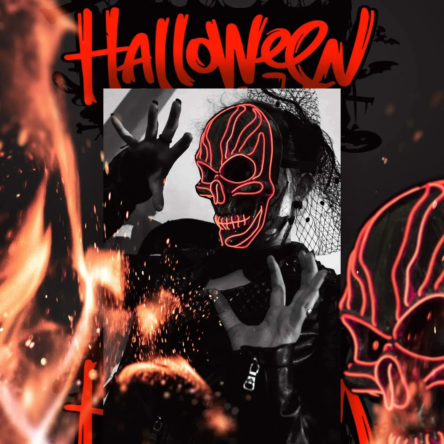 ILEBYGO LED Halloween Light Up Purge Scary Mask with EL Wire 3 Flashing-Modes for Festival, Party, Cosplay (Red)