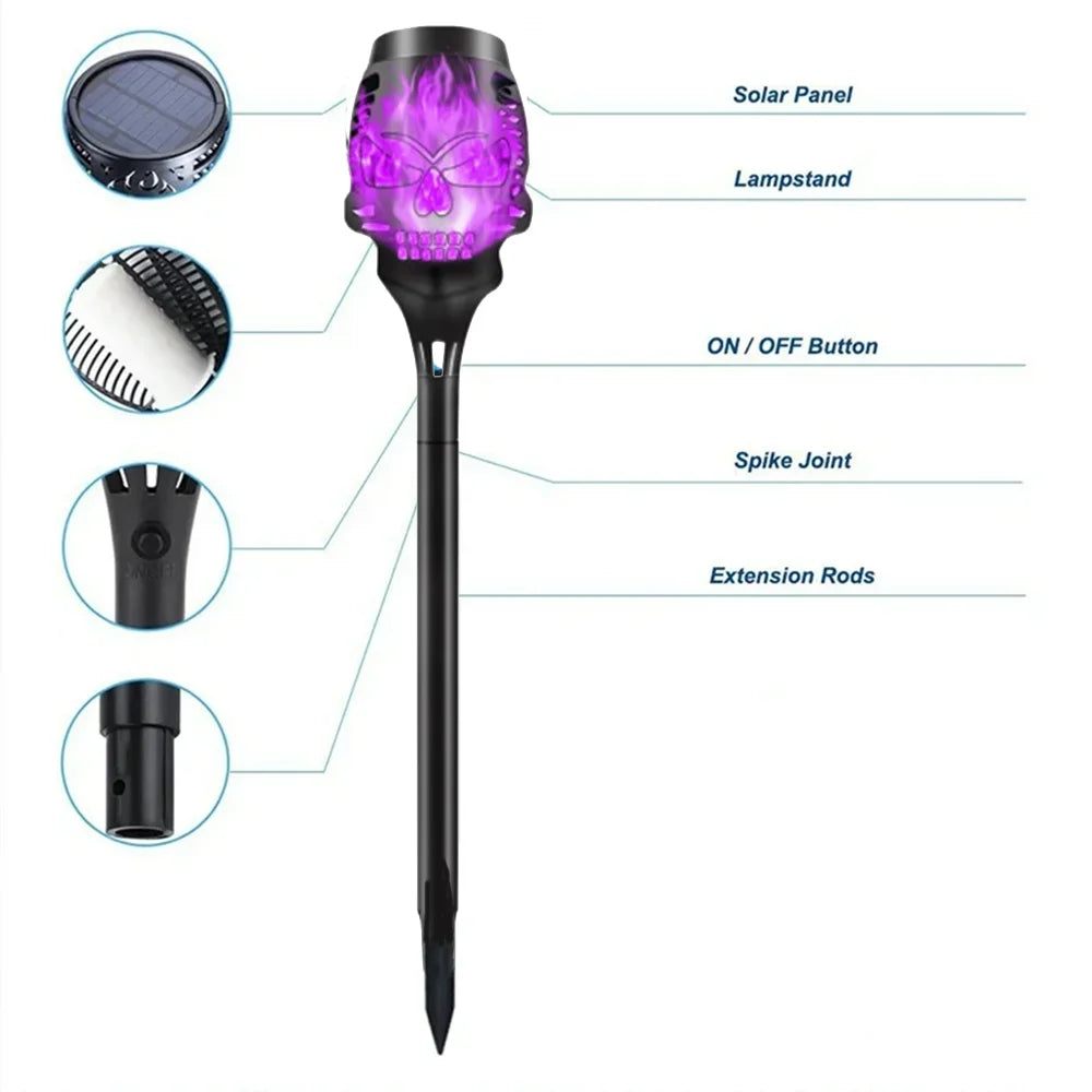 4pcs Skull-Shaped Solar-Powered Night Light Flame Torch Light Waterproof Garden Outdoor Lawn Decoration Lamp Halloween LED Lamps