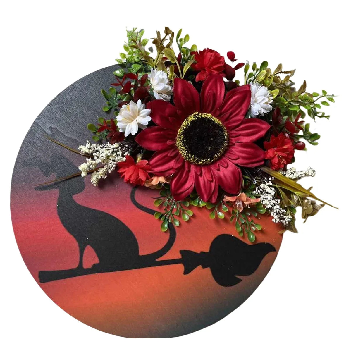 Halloween Moon Cat Wreath, 11.81 Inch Moon Shape Artificial Flower Wreath with Cat, Halloween Wreath for Front Door Wall