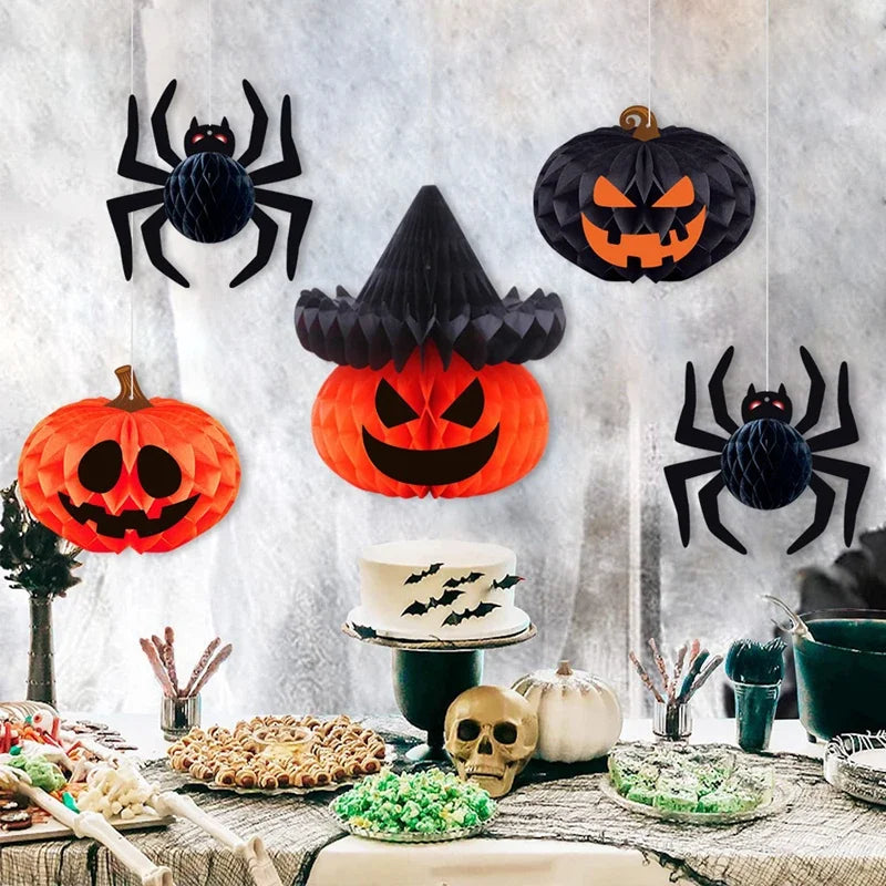 8Pcs/set 3D Spider Pumpkin Honeycomb Ball for Halloween Party Decoration Hanging Paper Lantern Crafts Home Indoor Outdoor Decor