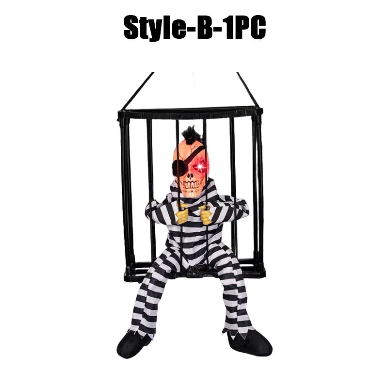 Halloween Decoration Prisoner Ghost In Cage Scary Skull Prop Electric Skeleton Toy Glowing Eye Sound Doll Hangable Talking Ghost