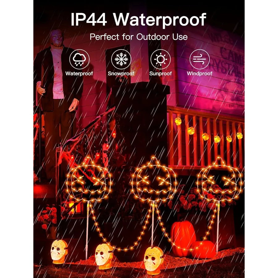 Halloween Garden Lights for Outside 3 Pack Orange Halloween Light Plug in Timer 8 Modes Pumpkin Lights with Stake Outdoor Water