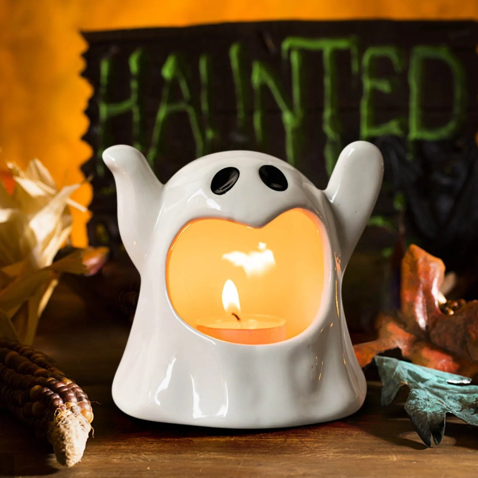 4.3" Halloween Ceramic Ghost Candle - Glowing Tealight for Cozy Holiday Decor