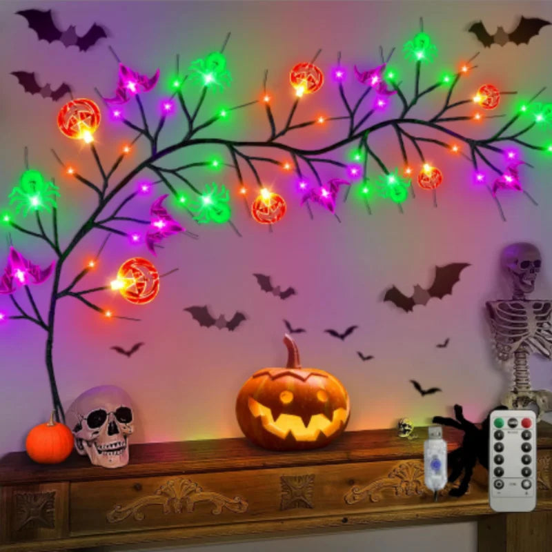 1.8m 54 LED Halloween Black Willow Vine String Lights With Bat Spider Pumpkin Decorative Lamp For Home Room Yard Halloween Decor