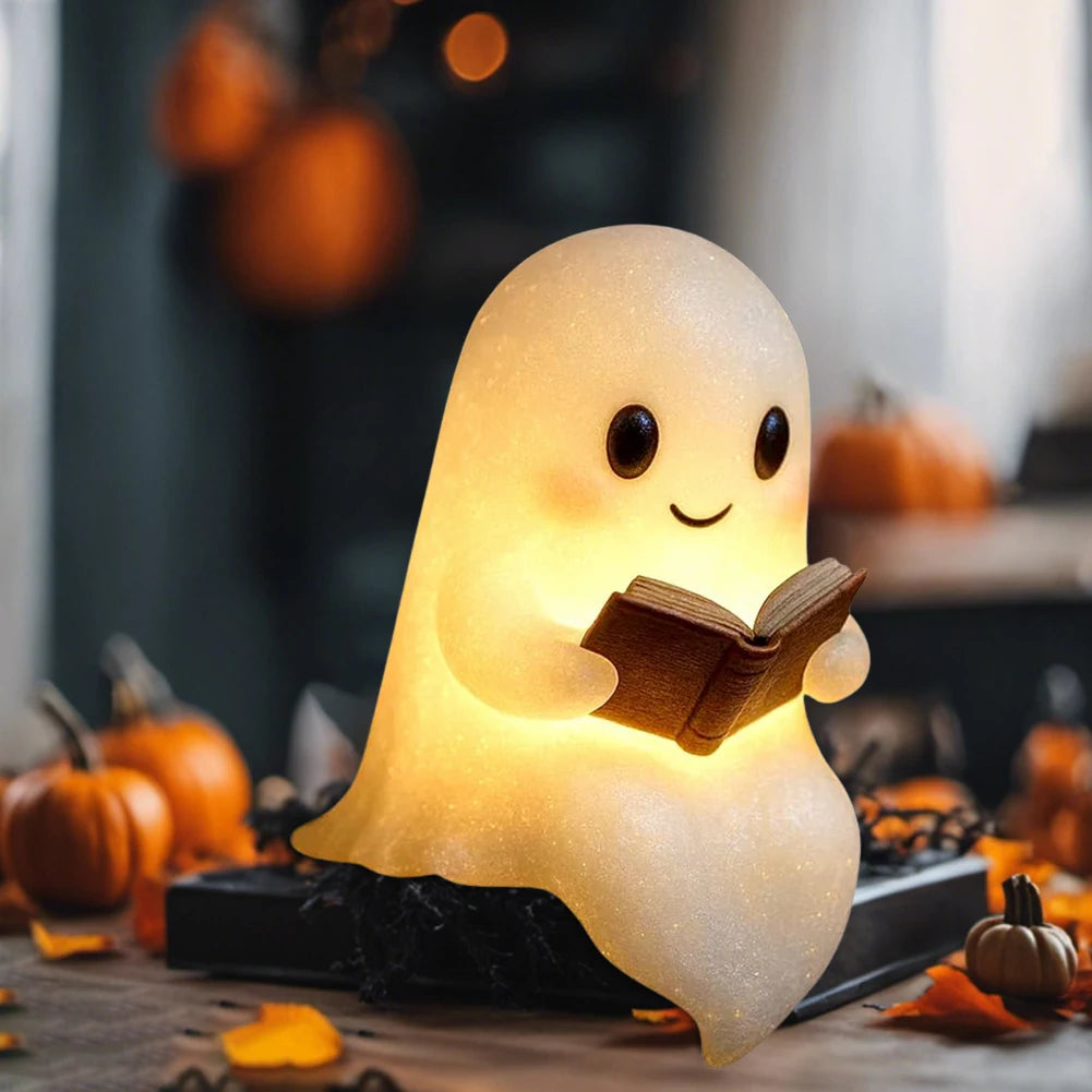 1/2/4Pcs Cute Ghost Reading Book Lamp Halloween Spooky Ghost LED 3D Night Light Home Table Light Up Resin Figurines Decoration