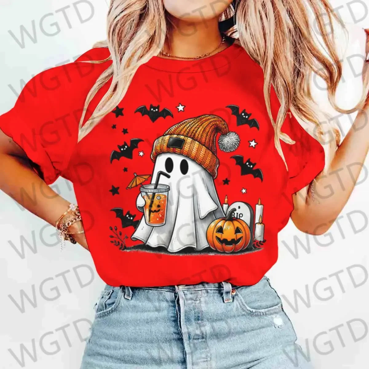 Halloween Ghost Pumpkin Bat Print T-shirts Summer Casual T Shirt For Women Creative Short Sleeve Tees Happy Halloween T-shirt