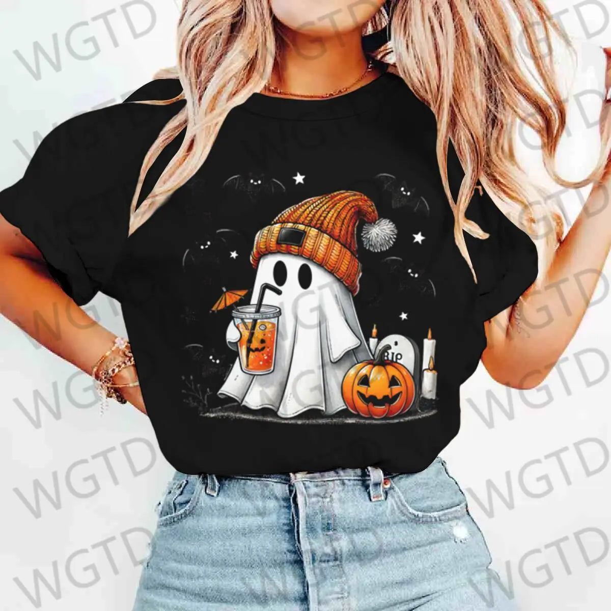 Halloween Ghost Pumpkin Bat Print T-shirts Summer Casual T Shirt For Women Creative Short Sleeve Tees Happy Halloween T-shirt