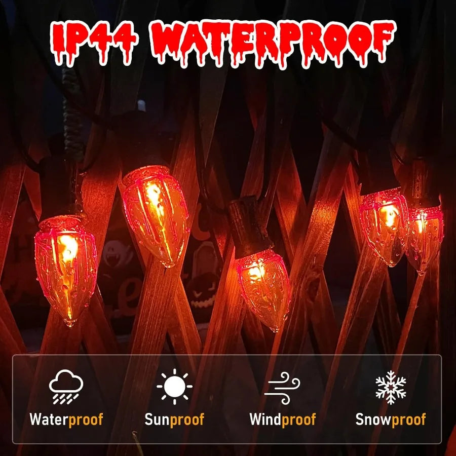 38Ft Halloween Pathway Lights C9 Flickering Flame String Lights with Stakes Waterproof Patio String Lights with 25 Flicker Ligh