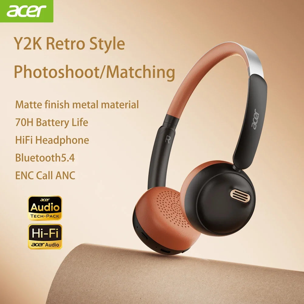 Acer OHW111 Y2K Bluetooth Headphone -45dB BT-5.4 INS Retro Style Headsets 70H Playtime Over Ear Retro Ins Style Deck Earphones