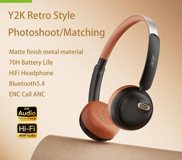 Acer OHW111 Y2K Bluetooth Headphone -45dB BT-5.4 INS Retro Style Headsets 70H Playtime Over Ear Retro Ins Style Deck Earphones