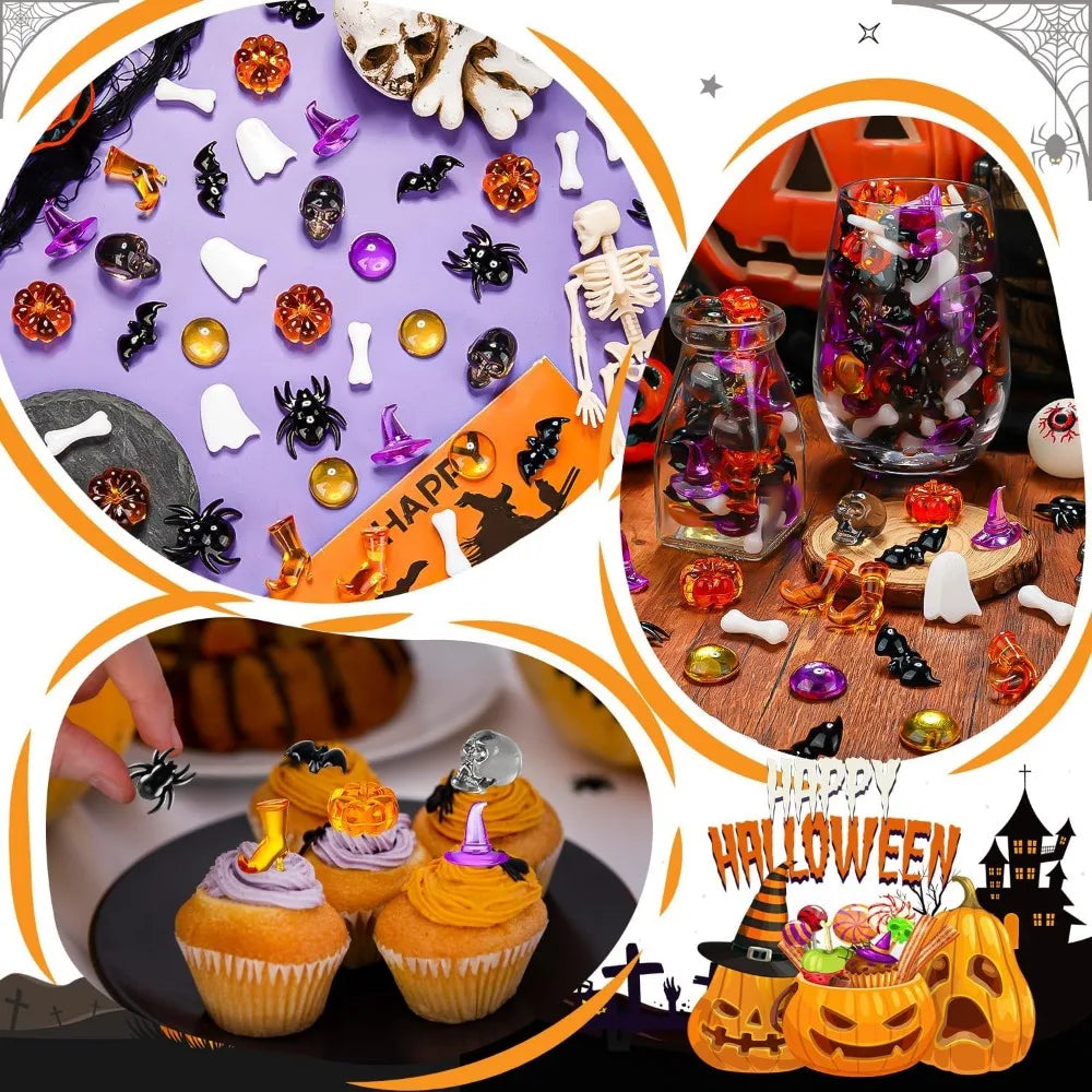 120 pcs halloween vase filler, mini acrylic witch hats pumpkin ghost skull bat spider for centerpieces table decorations