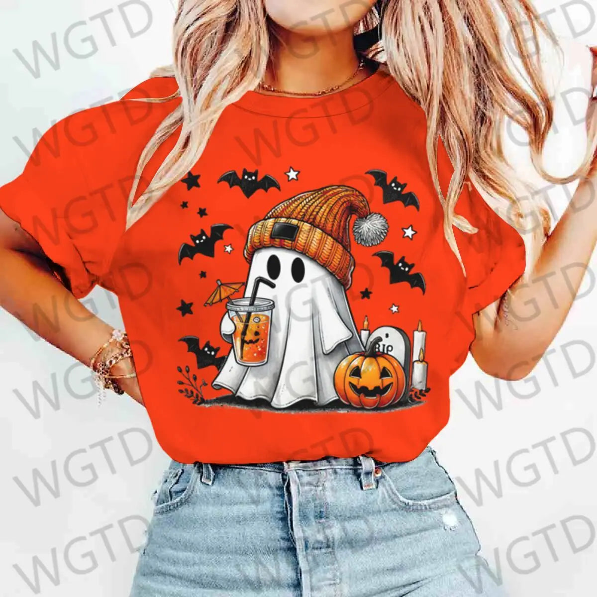 Halloween Ghost Pumpkin Bat Print T-shirts Summer Casual T Shirt For Women Creative Short Sleeve Tees Happy Halloween T-shirt