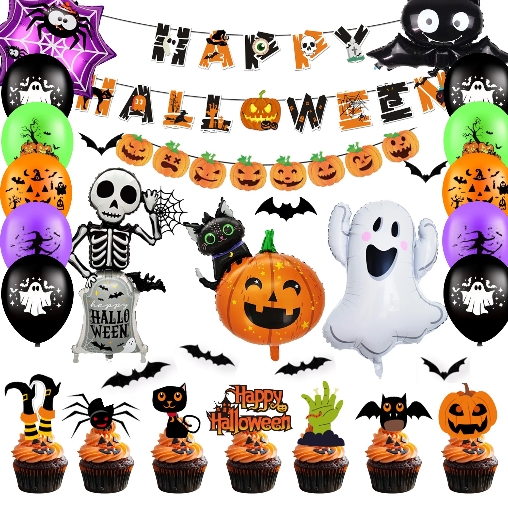 Halloween Party Supplies, 55 Pcs Halloween Party Kit-Happy Halloween Banner Balloons Cake Topper etc Happy Halloween Decorations
