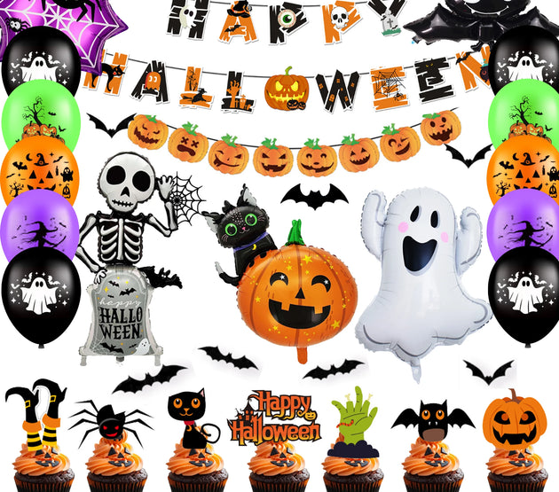 Halloween Party Supplies, 55 Pcs Halloween Party Kit-Happy Halloween Banner Balloons Cake Topper etc Happy Halloween Decorations