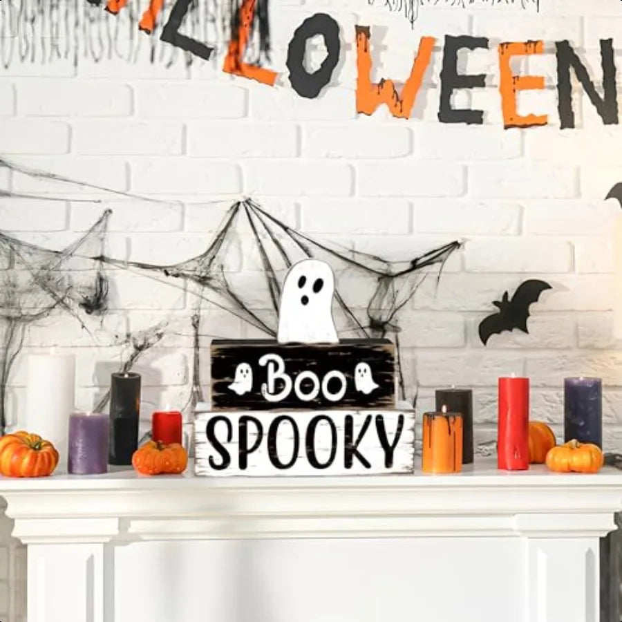 3 PCS Halloween Cute Ghost Wooden Block Sign Halloween Boo Spooky Tiered Tray Decor Wooden Ghost Theme Table Centerpieces for H