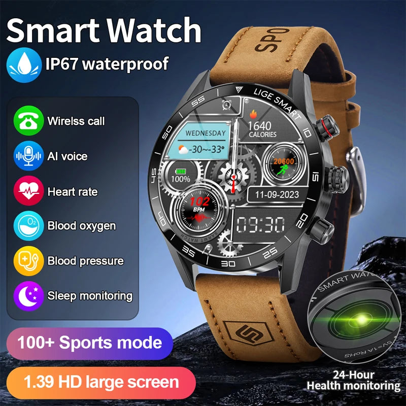 LIGE Rugged Military GPS Smart Watch Men 1.39 inch AMOLED Screen Heart Rate Bluetooth Call Waterproof Outdoor SmartWatch 2025