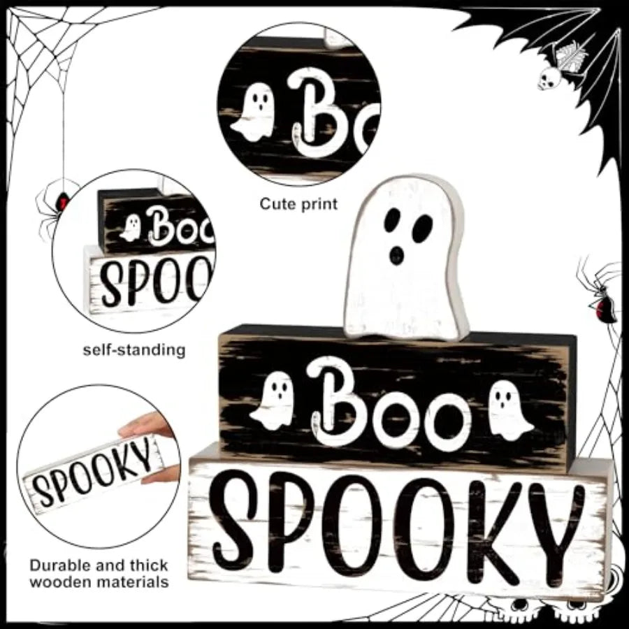 3 PCS Halloween Cute Ghost Wooden Block Sign Halloween Boo Spooky Tiered Tray Decor Wooden Ghost Theme Table Centerpieces for H