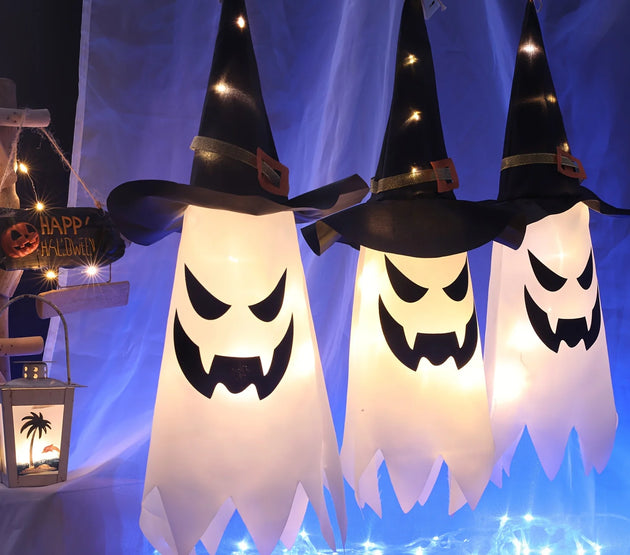 3pcs LED Ghost Lights, Halloween Wizard Hat Hanging Lamps, Plastic Battery-Powered Decorative Lights Spooky Outdoor Decor