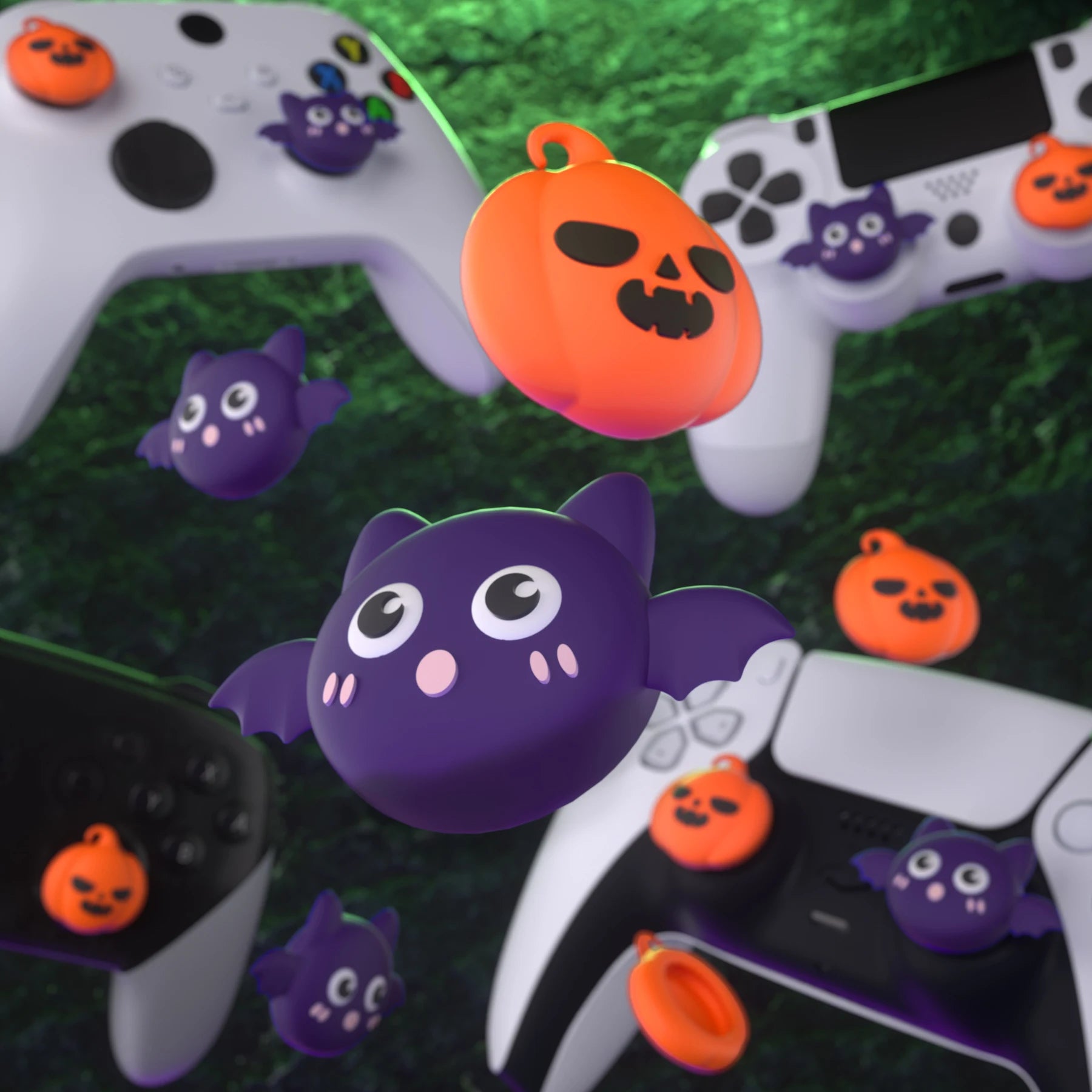 PlayVital Thumb Grip Caps for ps5/ps4, Thumbstick Cover for Switch Pro, for Xbox Series X/S & Xbox One - Halloween Pumpkin Bat