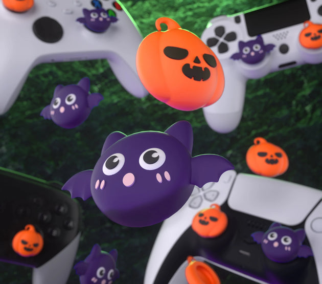 PlayVital Thumb Grip Caps for ps5/ps4, Thumbstick Cover for Switch Pro, for Xbox Series X/S & Xbox One - Halloween Pumpkin Bat
