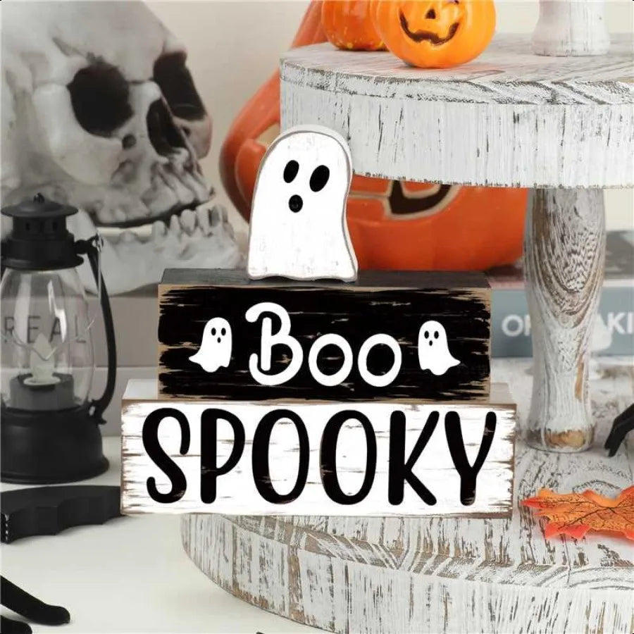 3 PCS Halloween Cute Ghost Wooden Block Sign Halloween Boo Spooky Tiered Tray Decor Wooden Ghost Theme Table Centerpieces for H