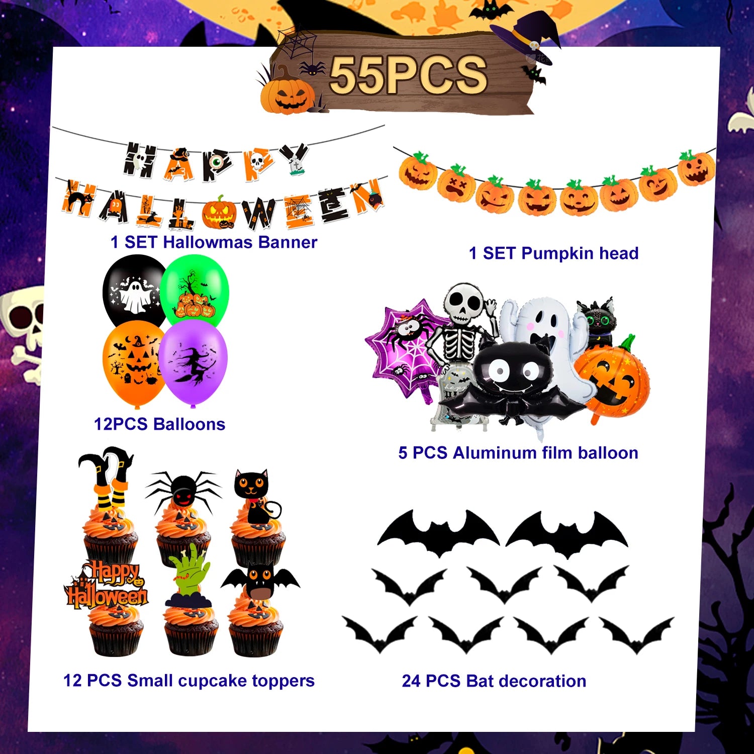 Halloween Party Supplies, 55 Pcs Halloween Party Kit-Happy Halloween Banner Balloons Cake Topper etc Happy Halloween Decorations