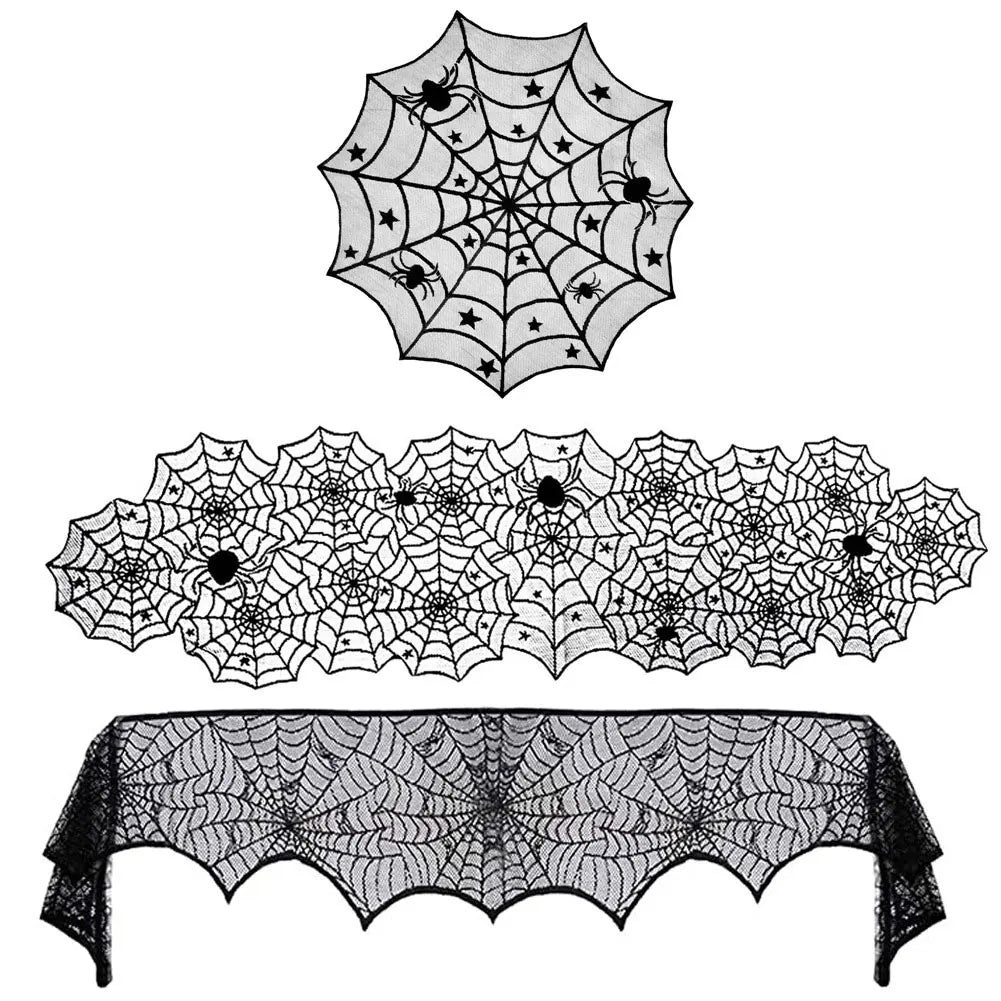 Halloween Decorations Black Lace Spider Web Tablecloth Runner Fireplace Scarf for Halloween Party Home Decoration