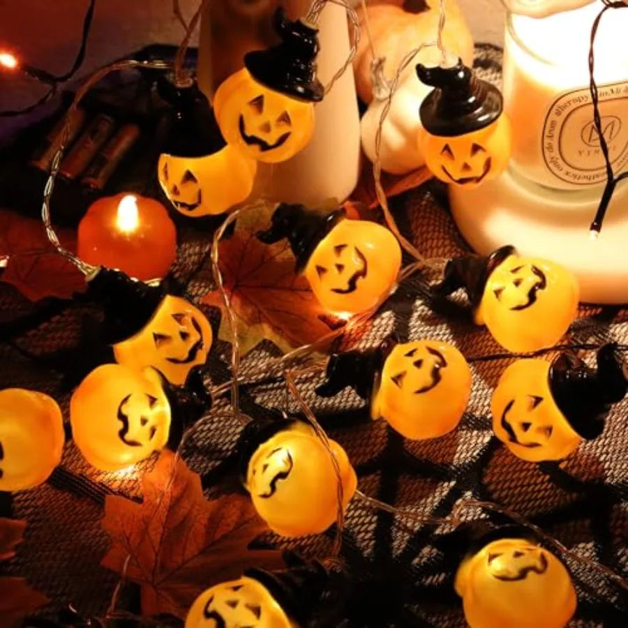 Halloween Pumpkin String Lights with Witch Hat 20 LED 16.4FT 8 Modes Timer 3D Waterproof Orange JackOLantern Battery Operated F