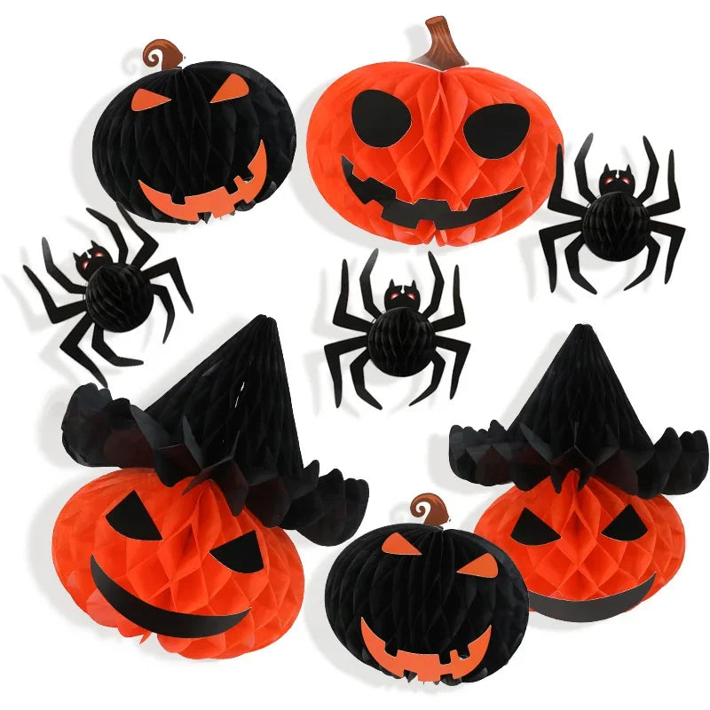8Pcs/set 3D Spider Pumpkin Honeycomb Ball for Halloween Party Decoration Hanging Paper Lantern Crafts Home Indoor Outdoor Decor