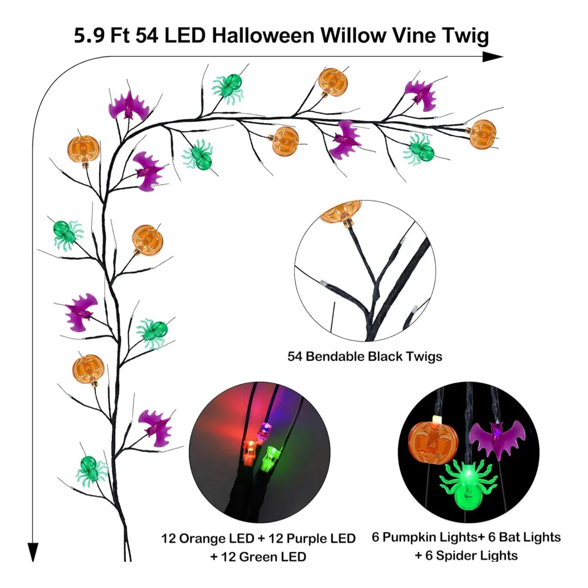 1.8m 54 LED Halloween Black Willow Vine String Lights With Bat Spider Pumpkin Decorative Lamp For Home Room Yard Halloween Decor