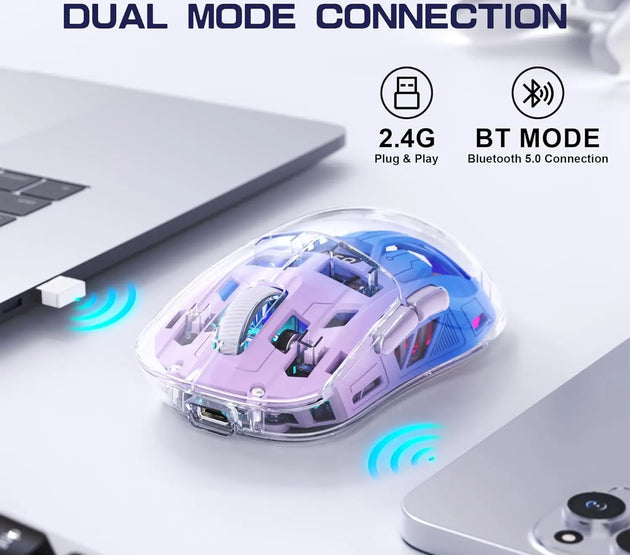 A2 Transparent Wireless Gaming Mouse, BT 5.0/2.4G PC Rechargeable RGB Mice with Digital Screen,PixArt 3212, 5 Adjustable DPI