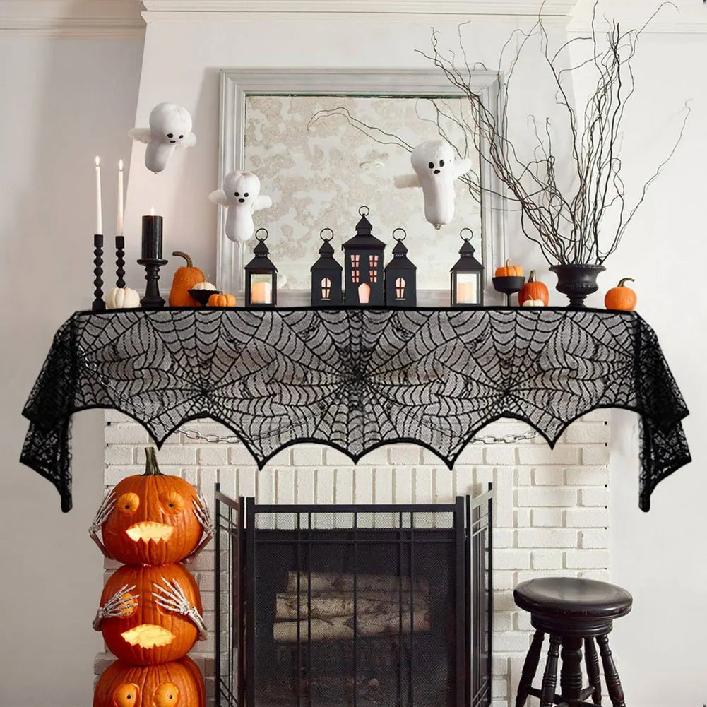 Halloween Decorations Black Lace Spider Web Tablecloth Runner Fireplace Scarf for Halloween Party Home Decoration